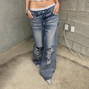 Vaqueros Desgastados Transpirables para Mujer, Corte Regular, Estilo Casual Urbano, Pantalones de Mezclilla Americanos de Verano - Product Image 3