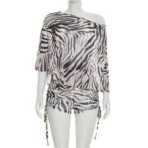 Viviblook J26ST109 Women Set Summer New Sexy Zebra Print Mesh Slash Neck Top and Shorts Set Two Piece Set - Product Image 2