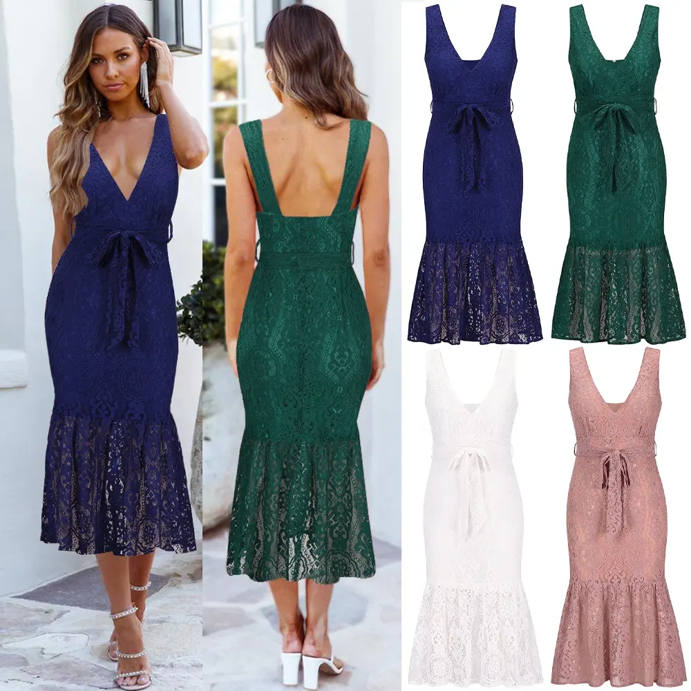 Summer Sexy Mesh Lace Backless Corset Midi Cocktail Evening Dresses Plus Size Women's Dresses