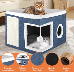 JTPAWS Katzenbett, YUWENUS Katzenhaus für Wohnungskatzen mit 2 Kissen, Große Katzenhöhle mit Kratzmatte und Flauschigem Hängeball - Product Image 4