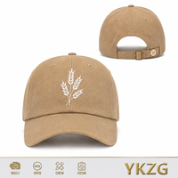Casquette de baseball vintage 6 panneaux en coton délavé kaki avec logo personnalisé et broderie blé pour hommes et femmes, vente en gros OEM ODM