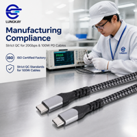 Câble USB 3.2 Gen 2x2 Type C LUNG KAY OEM 20 Gbit/s 100 W PD avec puce E-Mark blindée, cordon USB-C vers USB-C pour CNC, applications médicales, vision, SSD