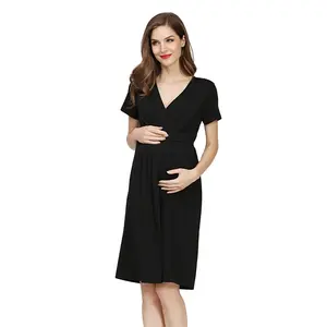 Venta al por mayor V cuello maternidad mujer enfermería ropa maternidad manga corta vestido camisa cintura alta vestidos