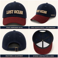 Casquette en velours côtelé bicolore avec logo personnalisé et lettrage en relief, bleu marine et bordeaux, pour la cabane de pêche Waterfront Creek Basin, avec logo métallique marron
