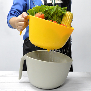 Double Layer Vegetable Fruit Drain Basket Plastic Washing Basin With Handle Kitchen Salad Mixing Bowl Large White Yellow - Product Image 2