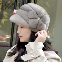 Béret d'hiver pour femme en vison véritable, forme fleur 3D, broche fleur en cristal, décoration strass, chaud et doux, avec revers, vente en gros