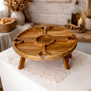 Bandeja de Picnic Plegable de Madera Natural con Portavasos y Ranuras para Aperitivos, Ligera para Fiestas y Excursiones al Aire Libre - Product Image 1