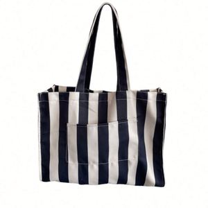 Vertical Stripes Natural New Recycled Custom Cotton Canvas Tote Shopping Bag with Multiple Pockets Canvas Bag - Product Image 2