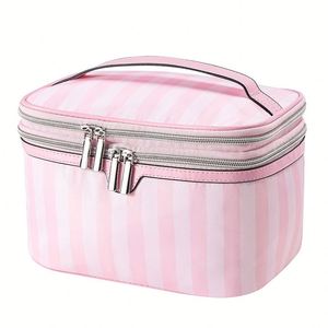 Organizador de Cosméticos Personalizable con Rayas Rosas, Caja de Maquillaje de Viaje de Doble Capa - Product Image 1