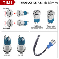 Bouton poussoir industriel en acier inoxydable 16 mm 10A à courant élevé, symbole d'alimentation, LED ou sans LED, momentané/à verrouillage, pour voiture, bateau, métal, 1NO
