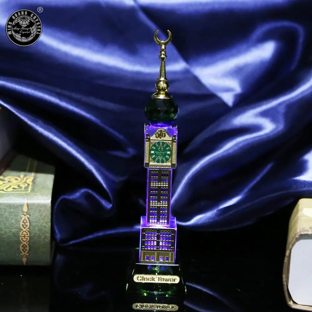 Makkah Meca Torre do Relógio com led base de cristal de vidro presentes religiosos Mesquita De Cristal Ramadã Islâmico presente