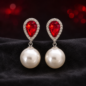 Orecchini pendenti con perle simulate e zirconi rossi per donna, eleganti gioielli per matrimoni e feste - Product Image 6