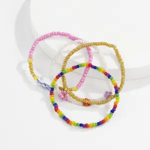 Bohemian Vacation-Style Daisy Charm Color-Block Rice Bead Stacking Bracelet Retro Floral Design Jewelry