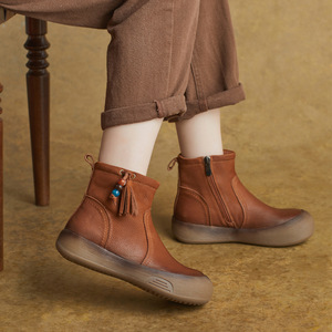 Botines con Cierre Lateral, Otoño Invierno, Nuevo Estilo Británico, Cuero Genuino, Punta Redonda, Tacón Plano, Botines Pop Over, Botas Martin, Zapatos de Mujer - Product Image 3