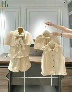 Conjunto de 3 piezas de camisa, capa y pantalones cortos con lazo, mezcla de lino de Vietnam, cuello con lazo, top de manga corta, algodón tejido transpirable, cómodo para mujer - Product Image 1