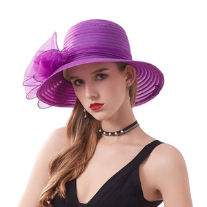 Organza Church Fascinator Wedding Tea Party Derby <span class=keywords><strong>Sombreros</strong></span> para mujer Flor de ala ancha Sombrero para el sol con cinta de satén - Product Image 1