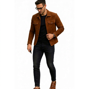 ONETEN <b>Men</b> Brown <b>Suede</b> <b>Jacket</b> Turn Down Collar Button Front Chest Pockets Casual Autumn Coat - Product Image 1