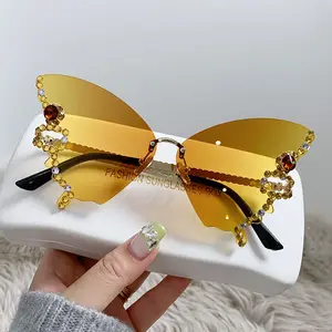 New Arrival Colorful Vintage Rimless Women Frameless Sunglasses Rhinestone Diamond Butterfly Shape Sunglasses