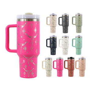 Stainless Steel Tumbler 40oz Laser Bull Head Design <b>Insulated</b> Travel <b>Mug</b> With Handle And Straw - Product Image 1