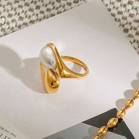 Elegant Style Faux Pearl Drop Ring 18K Gold Stainless Steel Waterdrop Inlaid Minimalist Fashion Open Ring for Women