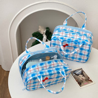 Trousse de Maquillage Portable Grande Capacité Style Coréen avec Nœud Papillon Mignon, Trois Compartiments, Double Poignée Supérieure et Organisateur de Voyage