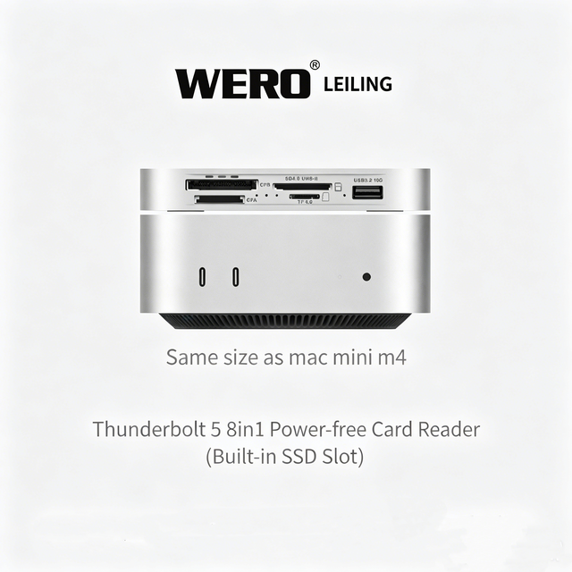 Thunderbolt 5 8-in-1 Card Reader with Built-in M.2 SSD Slot CFexpress CF SD UHS-II TF 4.0 USB 3.2 10Gbps Hub, for Mac Mini M4