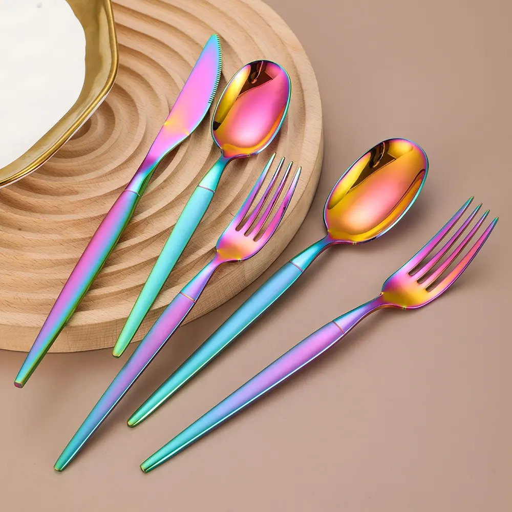 Simple Unique Design Cutlery Laser Handle Flatware Hotel Party Rainbow Fork Knife