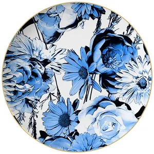 Porcelain Leaf Pattern Design Bone China Gold Rim Dinnerware Set Ceramic Dinner Plate Dishes for Hotel Wedding