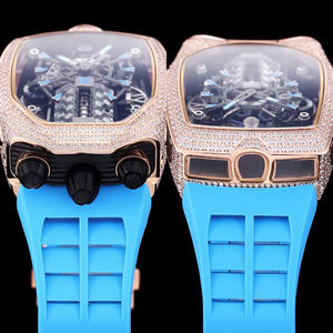 Montre-bracelet de luxe pour homme, style voiture de sport, bracelet jaune, boîtier barillet plaqué or rose, lunette entièrement sertie de diamants, mouvement squelette mécanique - Product Image 4