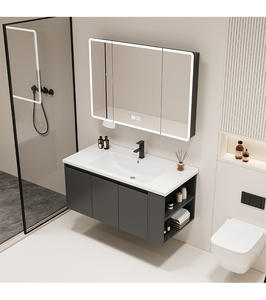 Armoire de salle de bain style crème avec miroir LED intelligent et rangement latéral - Product Image 4