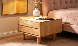 Premium Solid 2 <b>Drawer</b> Nightstand, Minimalist Wooden Bedside Table with Round Legs for Bedroom - Product Image 4