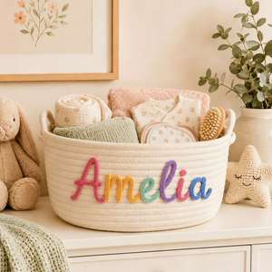 Personalized Nursery <b>Storage</b> <b>Basket</b>, Cotton <b>Rope</b> Weaving Organizer Bin, Keepsake Gift <b>Basket</b>, Nursery Decor - Product Image 1