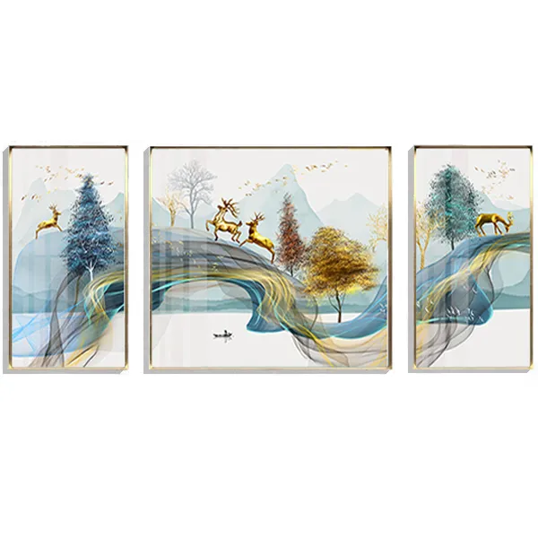 Gold Tree Deer Nordic style Crystal Porcelain Painting Landscape Wall Art animal wall art 3 panel wall art frame canvas