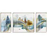 Cuadro de porcelana de cristal de estilo nórdico, árbol dorado, ciervo, arte de pared de paisaje, arte de pared de animales, marco de Arte de pared de 3 paneles