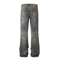 Jeans tendance pour hommes, délavés et déchirés, coupe droite ample, pantalon en denim, décoration de poche arrière, déchiré, effiloché, ample, jambe large