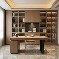 Bibliothèque murale personnalisée avec vitrines intégrées, porte en verre, éclairage d'ambiance, rangement dissimulé pour bureau à domicile moderne