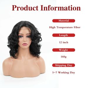 Perruque Courte Bouclée Ondulée Effet Désordonné Fibre Haute Température Bob Ondulations Souples Naturelles Réalistes Dentelle Transparente Style Brésilien Femme - Product Image 2