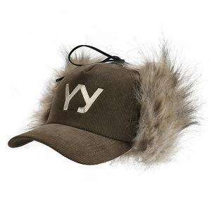 Casquette <span class=keywords><strong>de</strong></span> baseball en velours côtelé épaisse et chaude, protection des oreilles, nouvelle casquette <span class=keywords><strong>de</strong></span> baseball en fausse fourrure brodée avec la lettre Yy pour l'hiver - Product Image 1