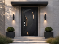 Porte d'entrée simple moderne en alliage d'aluminium avec design géométrique 3D, serrure intelligente et éclairage LED pour villa, isolée thermiquement