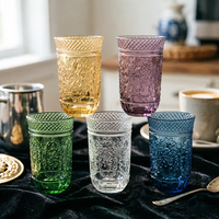 Verre à boire rétro coloré en verre gaufré, motif floral, transparent, sans danger pour les aliments, compatible lave-vaisselle, pour jus, eau, cocktails, usage festif