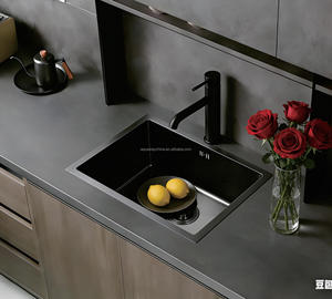Évier de cuisine intégré Nano Black à cuve unique avec égouttoir inclus, vanne en acier inoxydable, installation sous plan, design moderne - Product Image 6