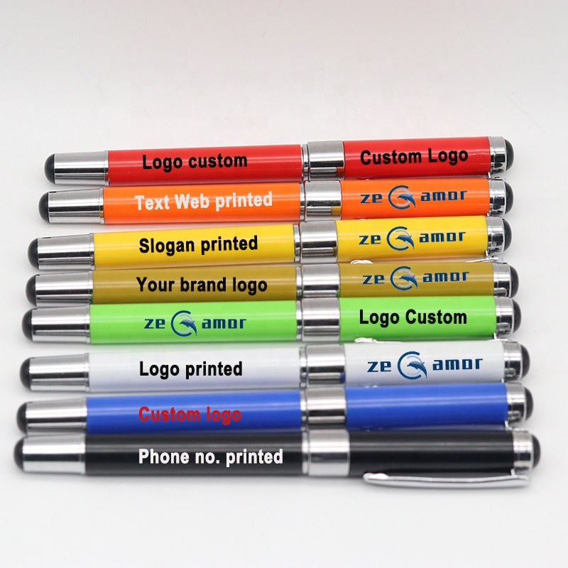 Zeamor Logo Custom 2 in 1 Multi Function Phone Stylus Yellow Metal Clip Roller 0.5mm Gel Pen With Lid for Promotion Gifts