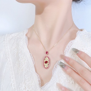 Wholesale Eco-friendly Copper 5*7mm Red Zircon Designer Vintage Necklace Earrings <b>Ring</b> Set Bridal Jewelry Set for Wedding - Product Image 4