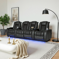 Canapé inclinable électrique moderne 4 places pour home cinéma avec lumières LED bleues, tables pivotantes et porte-gobelets pour cinéma