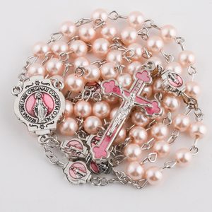 Collier chapelet avec <span class=keywords><strong>croix</strong></span> de la Vierge Marie et du <span class=keywords><strong>Christ</strong></span>, chaîne à maillons longs, perles imitation perle, bijoux chrétiens - Product Image 3