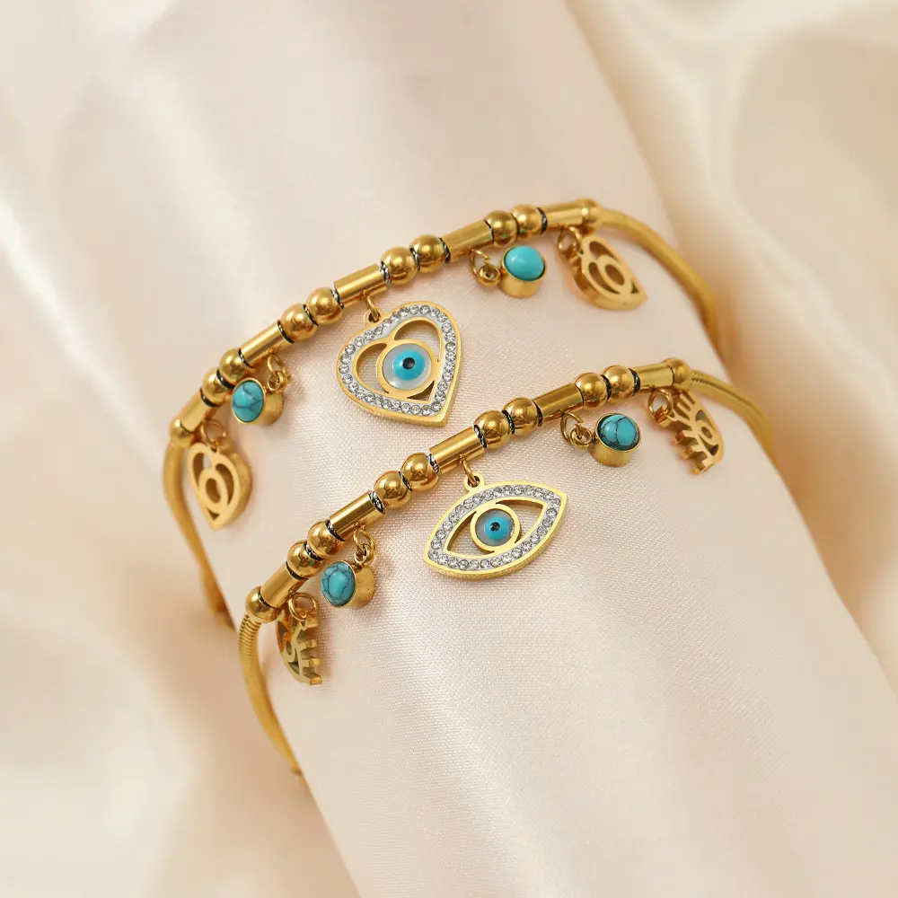Modische Kristall-Liebes herz im europäischen und amerikanischen Stil Evil Eye Calaite Charms Vergoldete Edelstahl armbänder