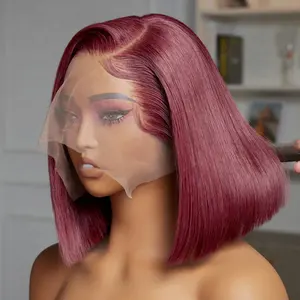 Perruques cheveux humains courts 99J couleur vierge avec devant en dentelle perruque frontale en dentelle transparente bordeaux 13X4 perruque rouge vin pour femmes