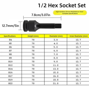 Lot de 10 douilles hexagonales intérieures H4-H19 en acier au carbone durable, longueur 127 mm, jeu de douilles 78 mm, pour clé à douille 1/<span class=keywords><strong>2</strong></span>, réparation - Product Image 6