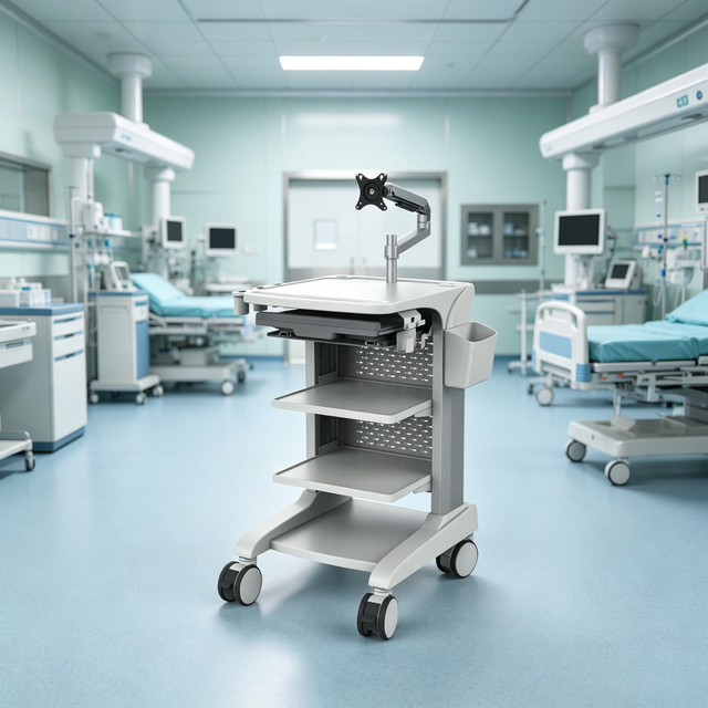 Custom OEM ODM Medical Endoscopy Cart Hospital Instrument Trolley With Retractable Keyboard Silent Medical Caster Wheels