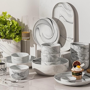 Service <span class=keywords><strong>de</strong></span> table en céramique à motif marbre nordique, assiettes et bols en <span class=keywords><strong>porcelaine</strong></span> sous glaçure, résistant aux rayures, pour hôtels et restaurants - Product Image 1